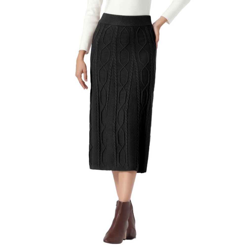Women Cable Knit Sweater Skirt High Waist Casual Maxi Skirt Black